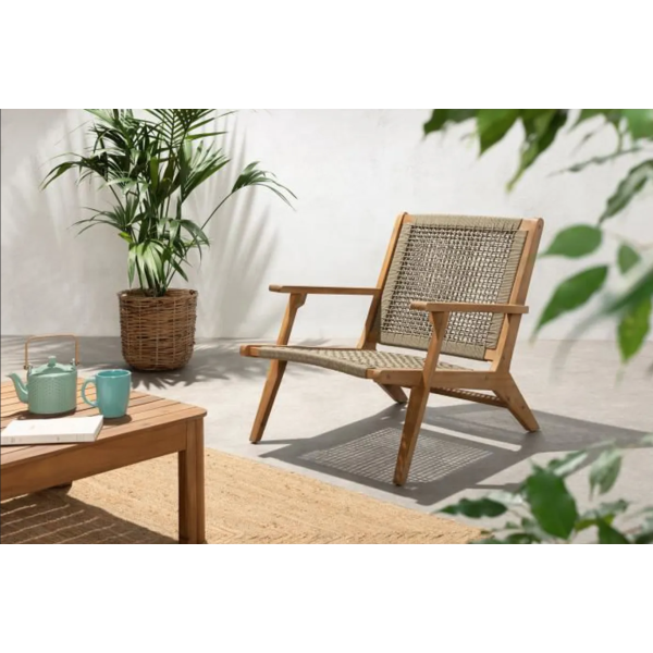 Transat Fauteuil de jardin bas en bois d'Acacia FSC et en corde - MERIDA - Vert olive - Image 2