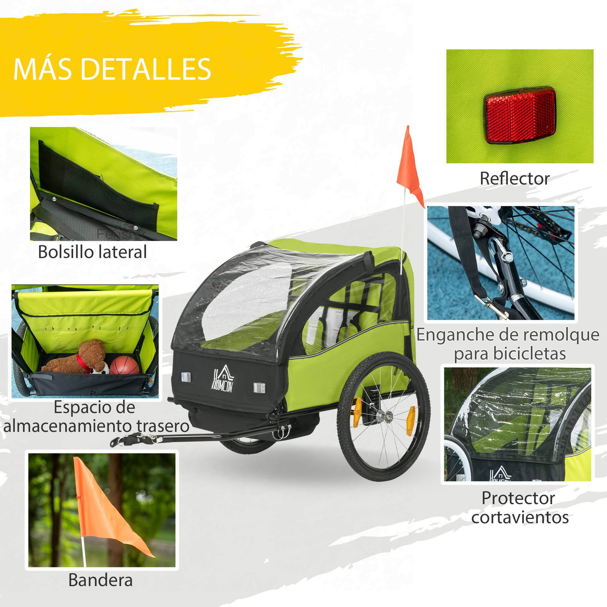 Remorque vélo pour enfants de plus de 18 mois avec ceinture de sécurité et système d'amortisseurs, 140 x 88 x 90 cm, verte - Image 9