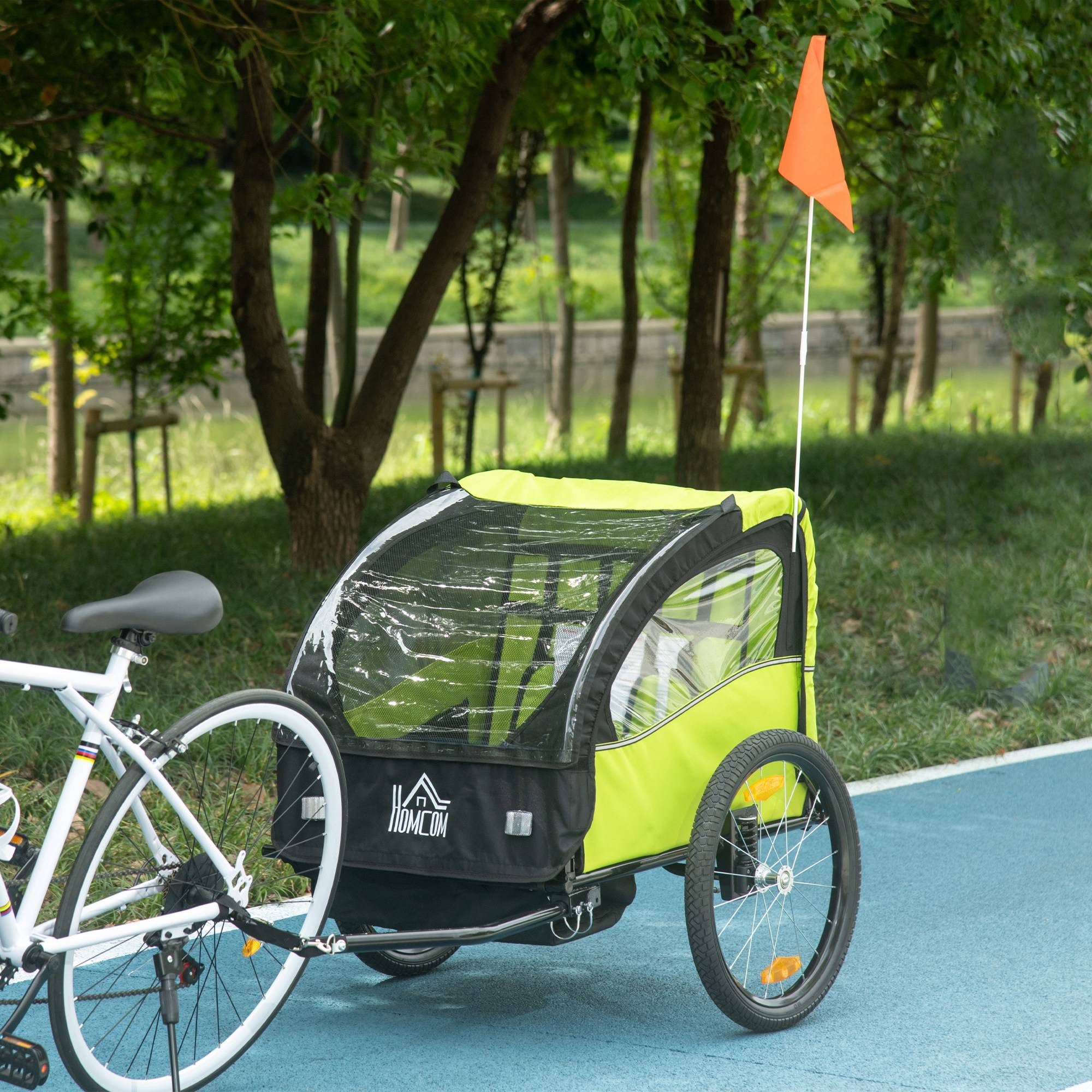 Remorque vélo pour enfants de plus de 18 mois avec ceinture de sécurité et système d'amortisseurs, 140 x 88 x 90 cm, verte - Image 4