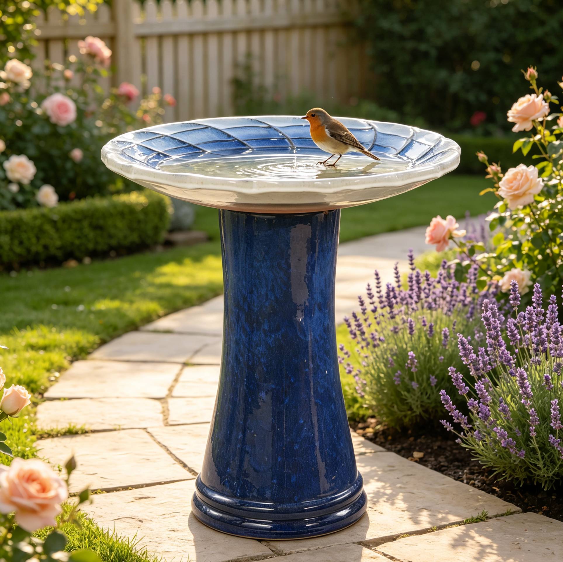 ComfortXL - Bain d’oiseaux en céramique Ø43 x H45 cm dégradé bleu royal et blanc pour jardin antigel - ComfortXL Outdoor Living - Image 4