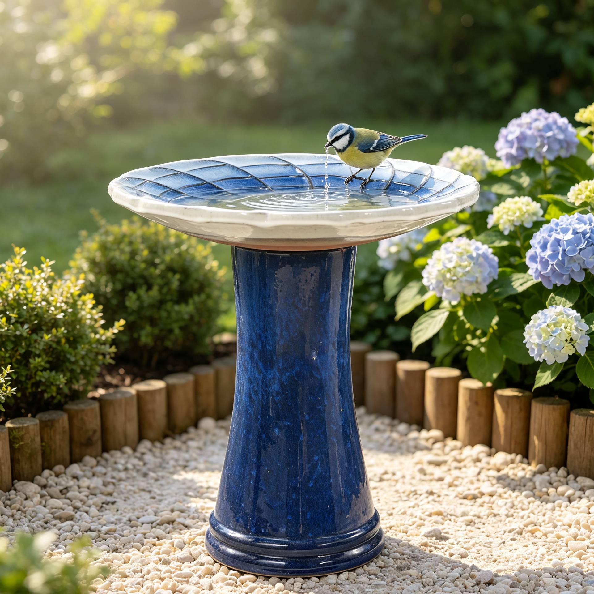 ComfortXL - Bain d’oiseaux en céramique Ø43 x H45 cm dégradé bleu royal et blanc pour jardin antigel - ComfortXL Outdoor Living - Image 1