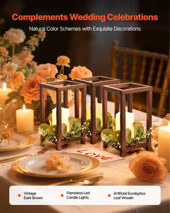 VEVOR Lanterne de Mariage Bois avec Bougies LED Couronnes Fleur Lot de 12 Marron - Image 2