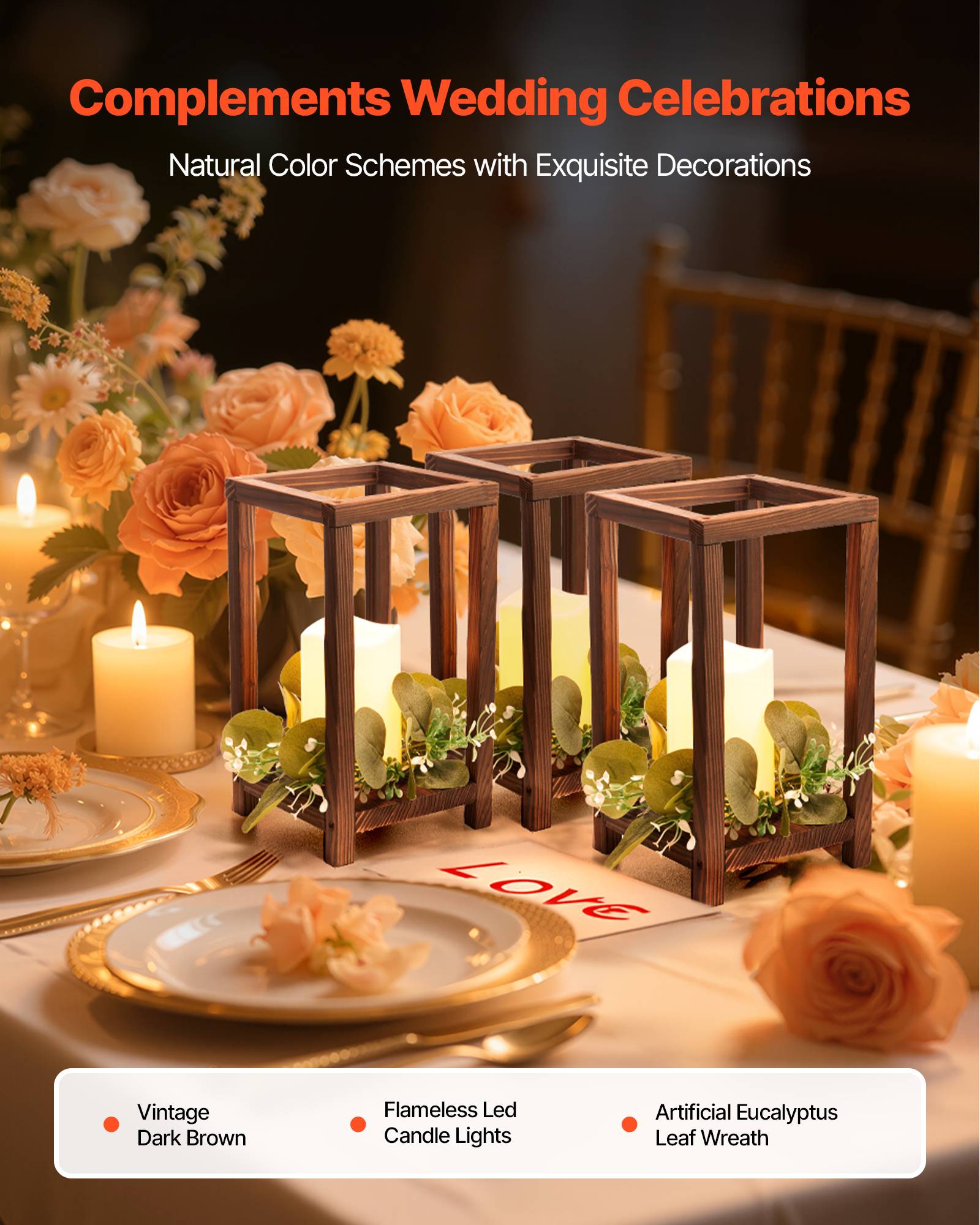 VEVOR Lanterne de Mariage Bois avec Bougies LED Couronnes Fleur Lot de 12 Marron - Image 2