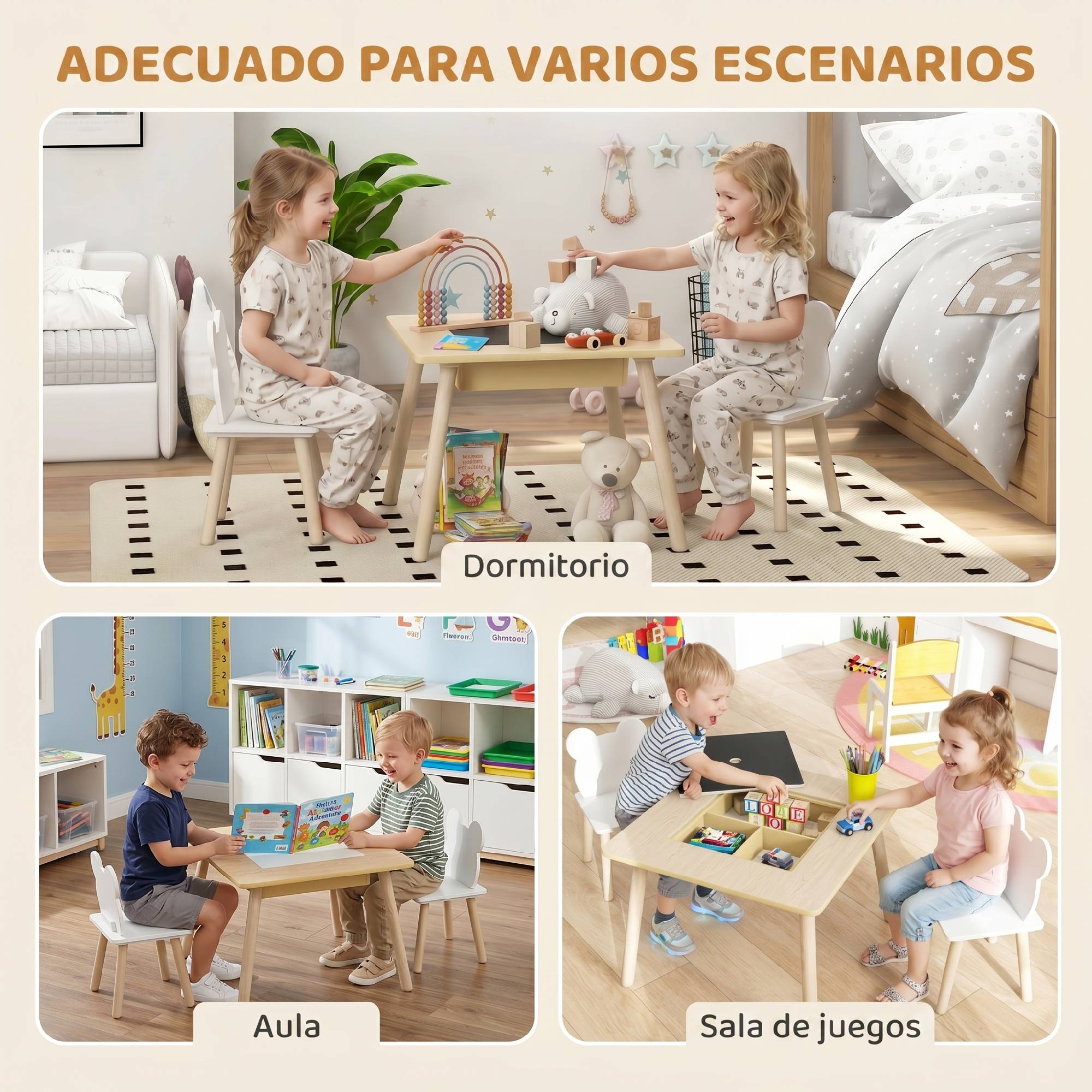 Ensemble table et 2 chaises enfant bois avec compartiments et ardoise démontable,60×60×44 cm naturel et blanc - Image 9