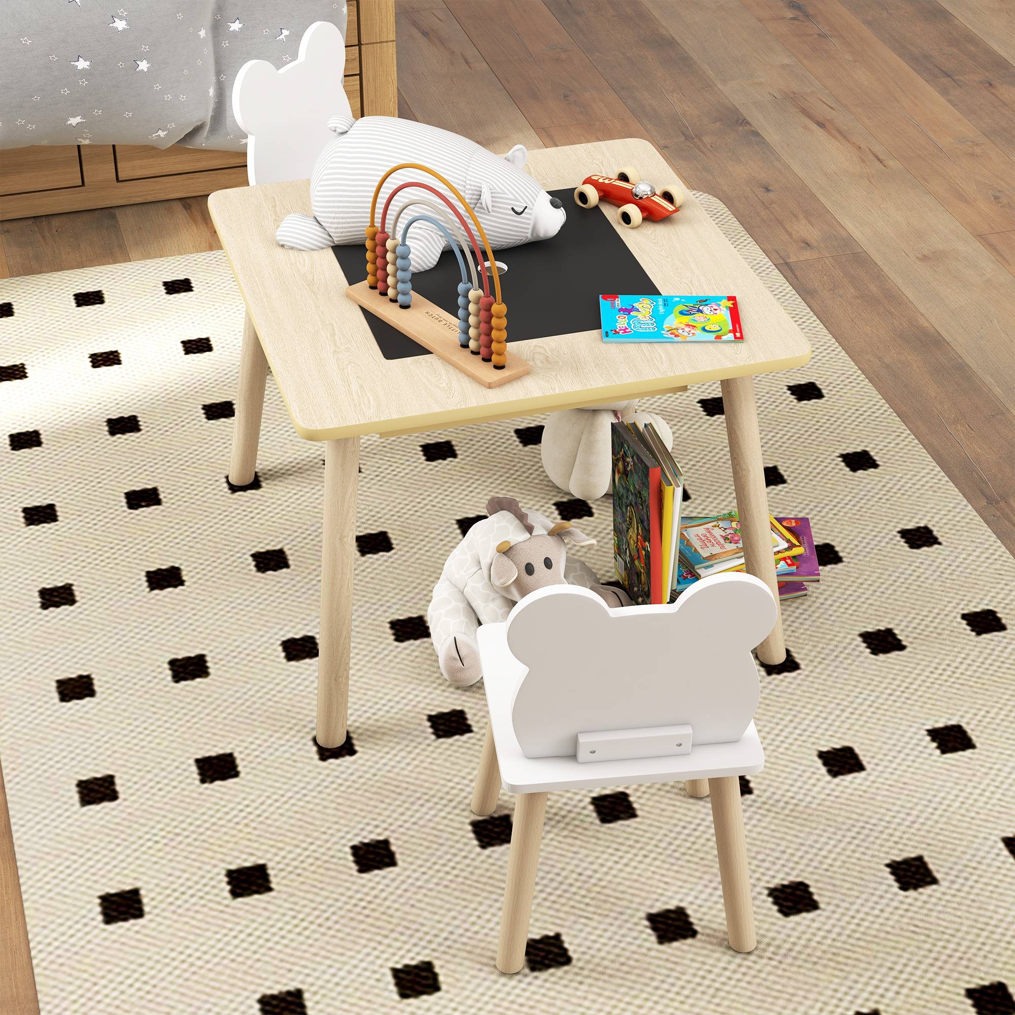 Ensemble table et 2 chaises enfant bois avec compartiments et ardoise démontable,60×60×44 cm naturel et blanc - Image 10