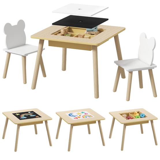 Ensemble table et 2 chaises enfant bois avec compartiments et ardoise démontable,60×60×44 cm naturel et blanc - Image 1
