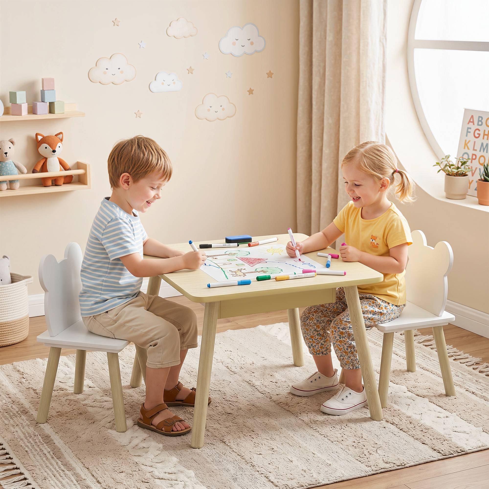 Ensemble table et 2 chaises enfant bois avec compartiments et ardoise démontable,60×60×44 cm naturel et blanc - Image 4