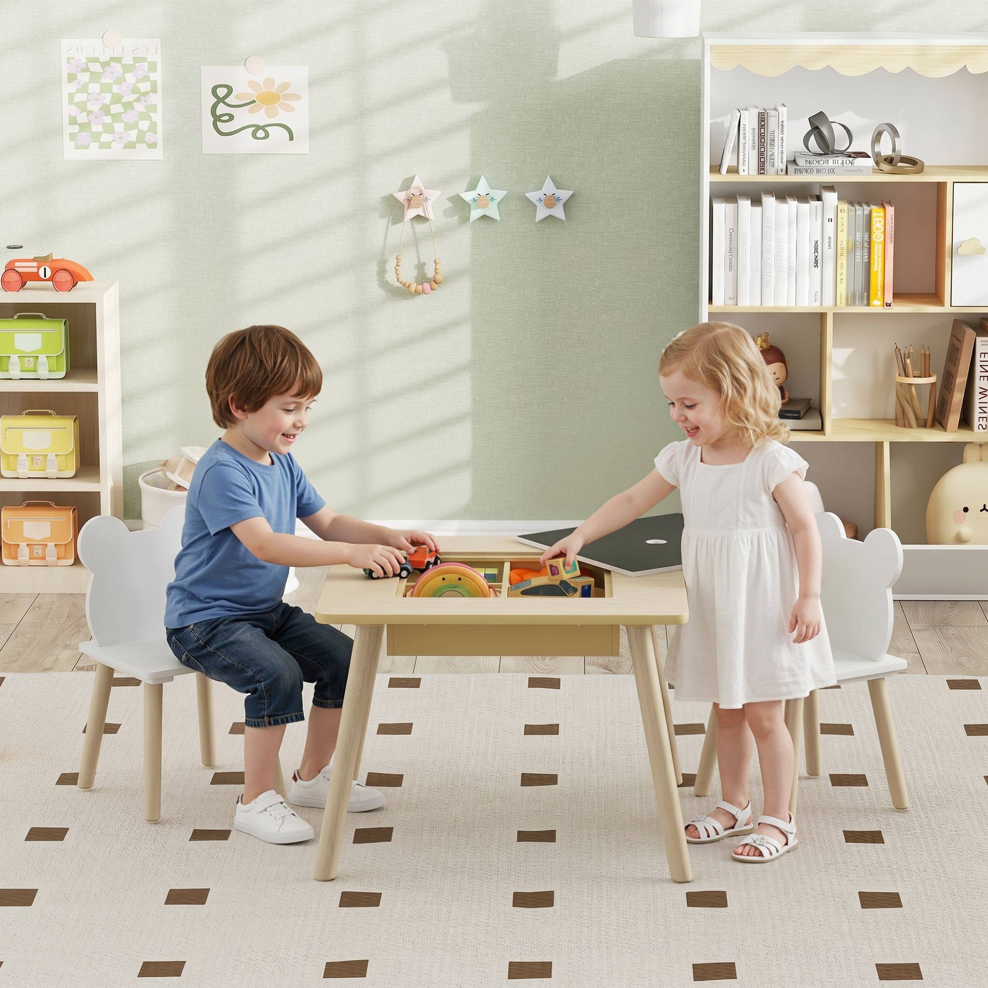 Ensemble table et 2 chaises enfant bois avec compartiments et ardoise démontable,60×60×44 cm naturel et blanc - Image 3