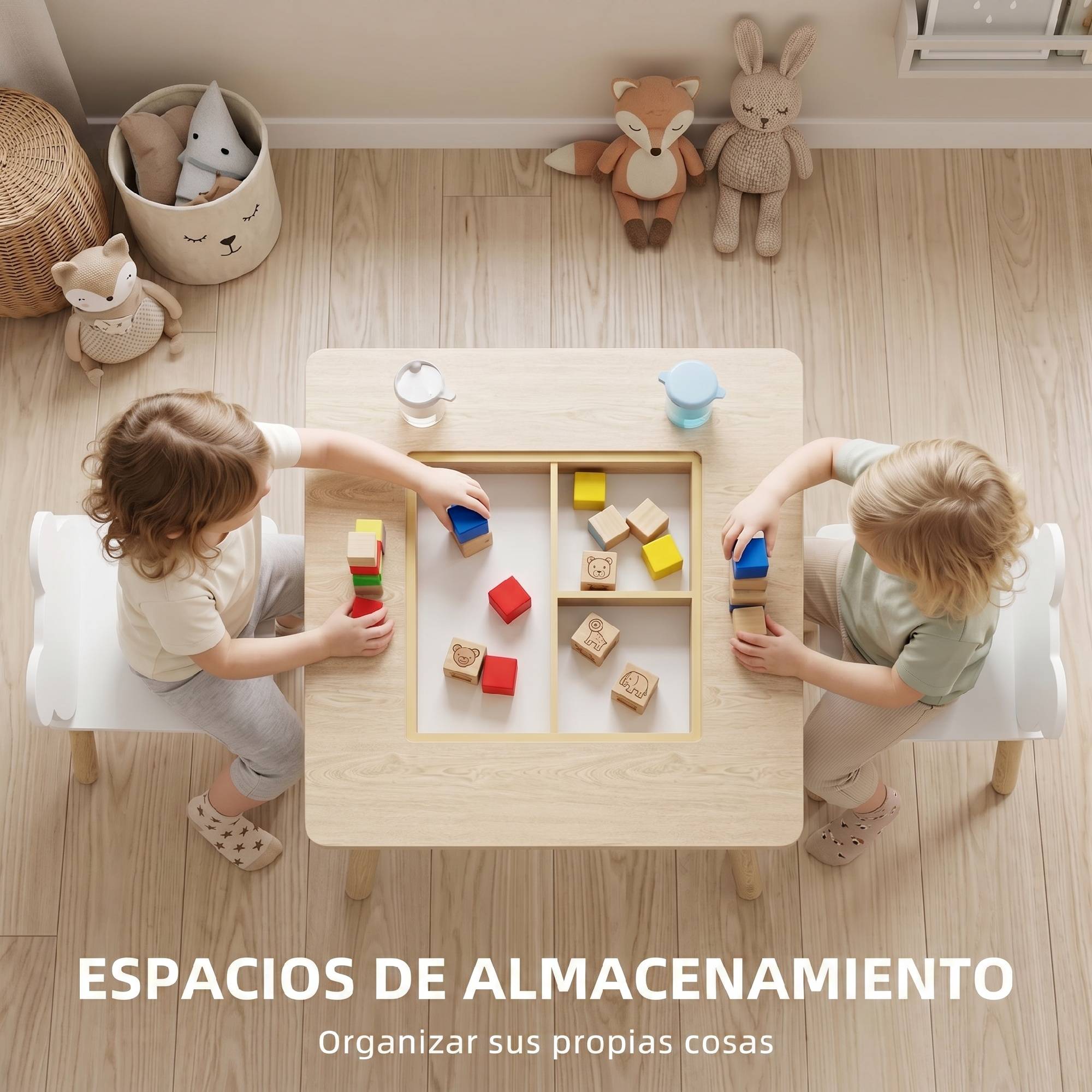Ensemble table et 2 chaises enfant bois avec compartiments et ardoise démontable,60×60×44 cm naturel et blanc - Image 8