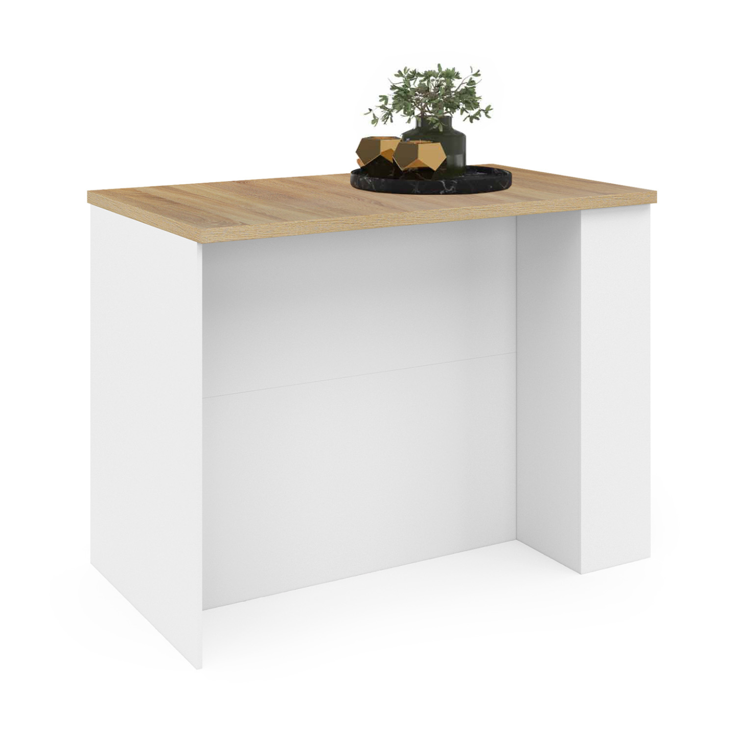 Ilot central TIBO 120 cm bois blanc avec plan de travail façon hêtre - Image 4