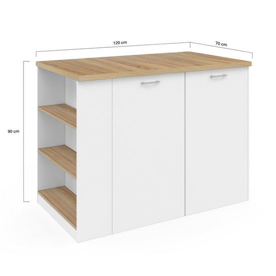 Ilot central TIBO 120 cm bois blanc avec plan de travail façon hêtre - Image 5