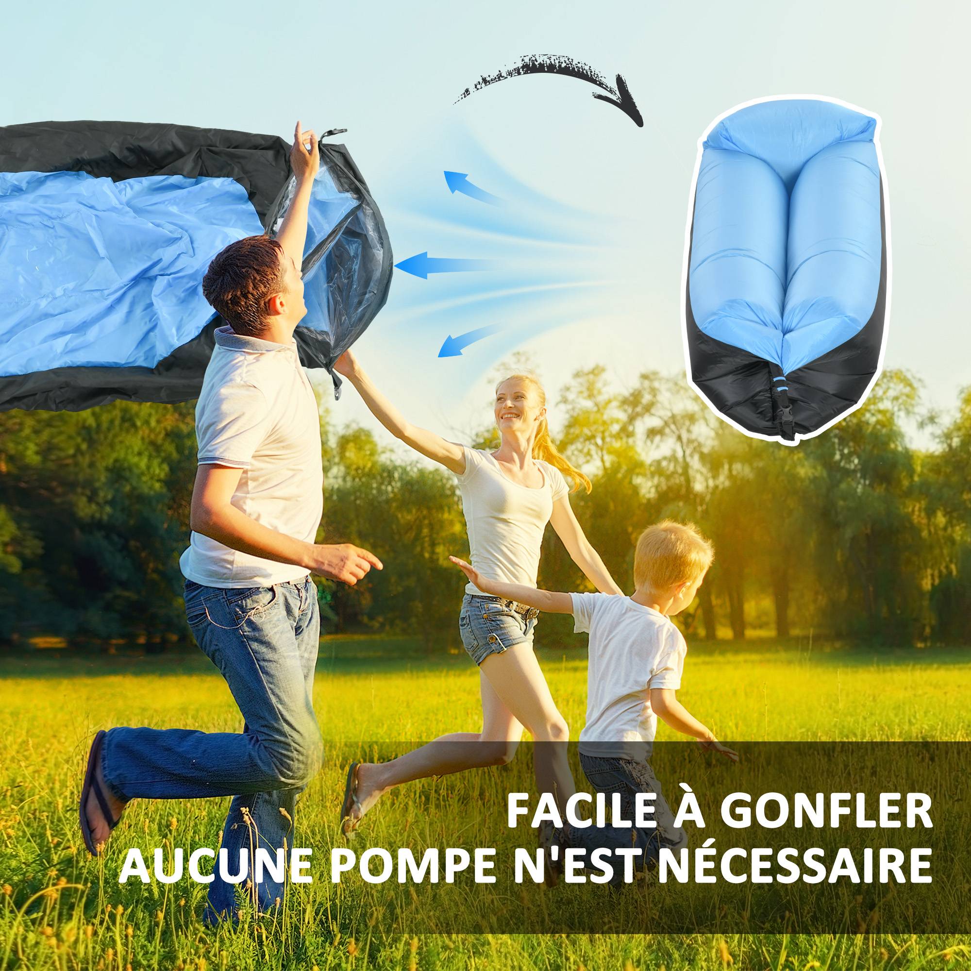Outsunny - Hamac gonflable transat gonflable pliable en sac avec bandoulière double couche PE nylon bicolore bleu noir - Outsunny - Image 4