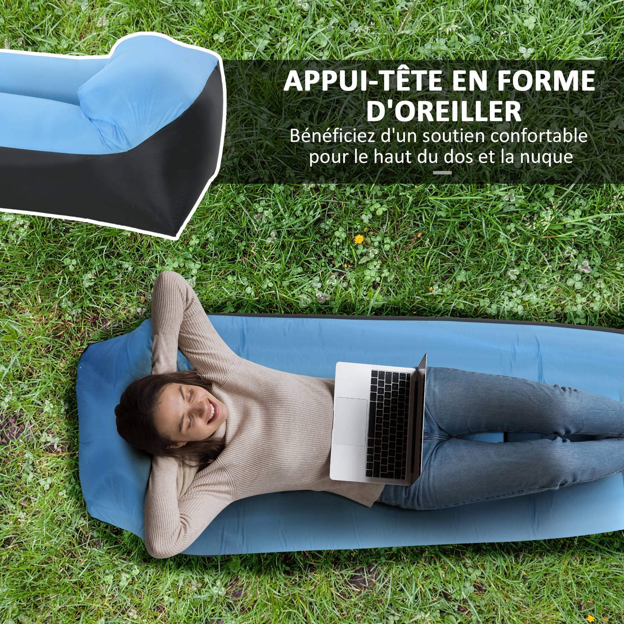 Outsunny - Hamac gonflable transat gonflable pliable en sac avec bandoulière double couche PE nylon bicolore bleu noir - Outsunny - Image 5