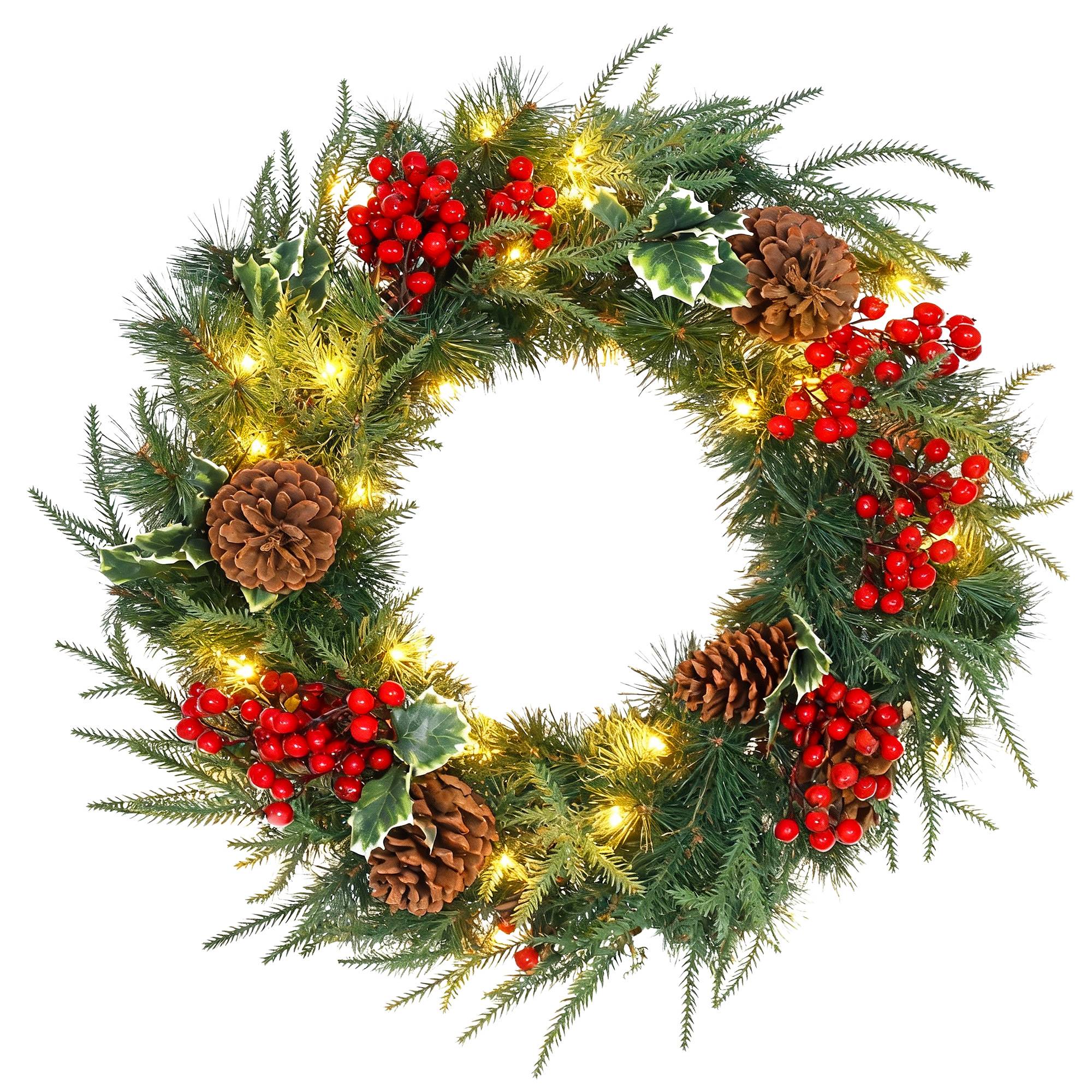 Couronne de Noël lumineuse 60 cm avec 35 LED, minuterie, 170 pointes, pommes de pin, baies, feuilles de houx, vert - Image 2
