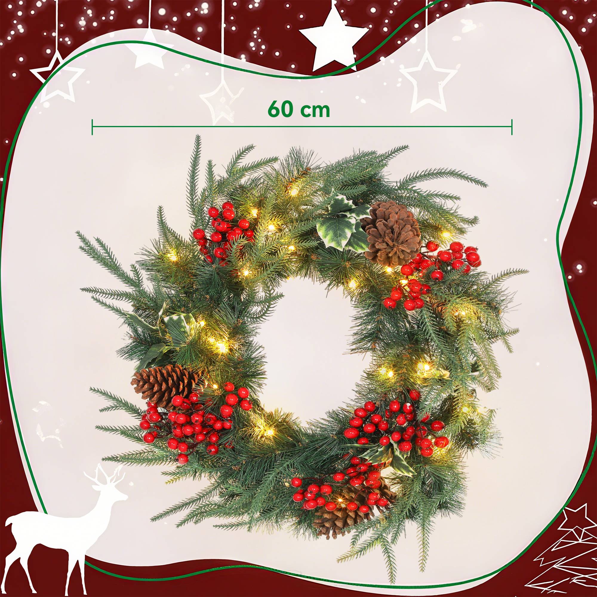 Couronne de Noël lumineuse 60 cm avec 35 LED, minuterie, 170 pointes, pommes de pin, baies, feuilles de houx, vert - Image 5