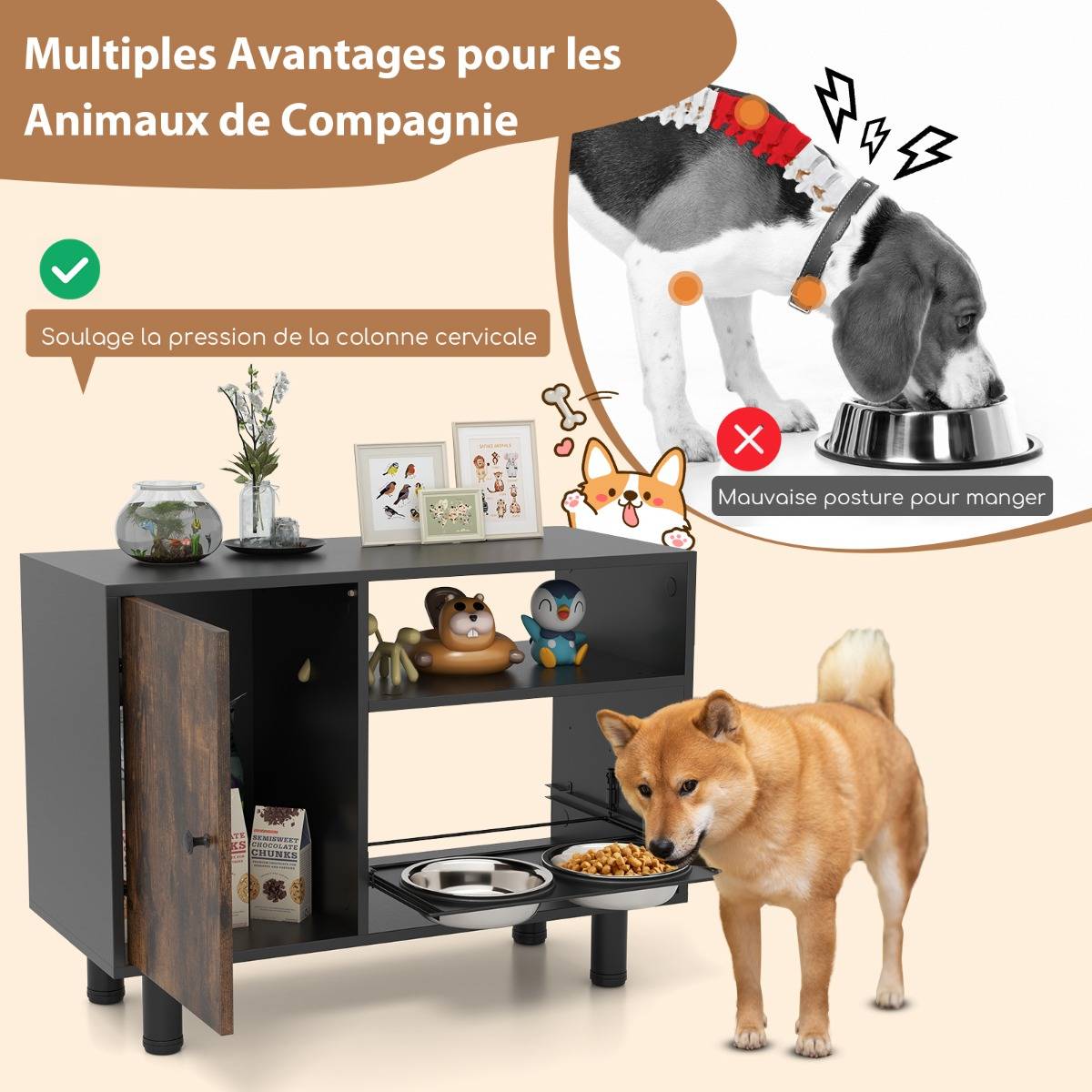 Station d'Alimentation Élevée Armoire de Rangement pour Nourriture de Chien Réglable avec 2 Bols Surélevés Marron - Image 7