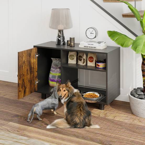 Station d'Alimentation Élevée Armoire de Rangement pour Nourriture de Chien Réglable avec 2 Bols Surélevés Marron - Image 4