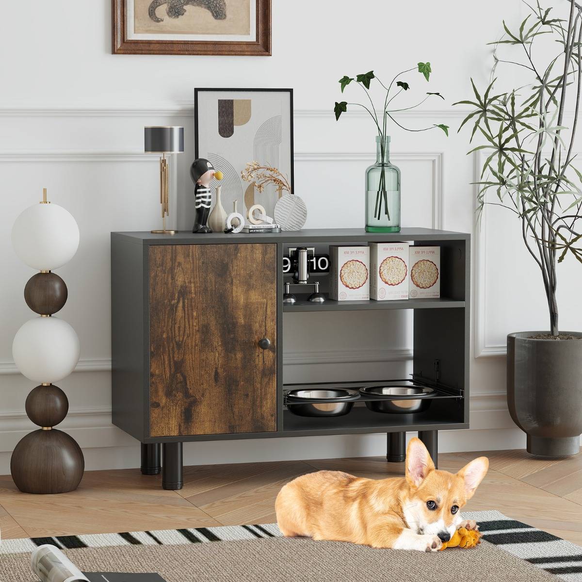 Station d'Alimentation Élevée Armoire de Rangement pour Nourriture de Chien Réglable avec 2 Bols Surélevés Marron - Image 3