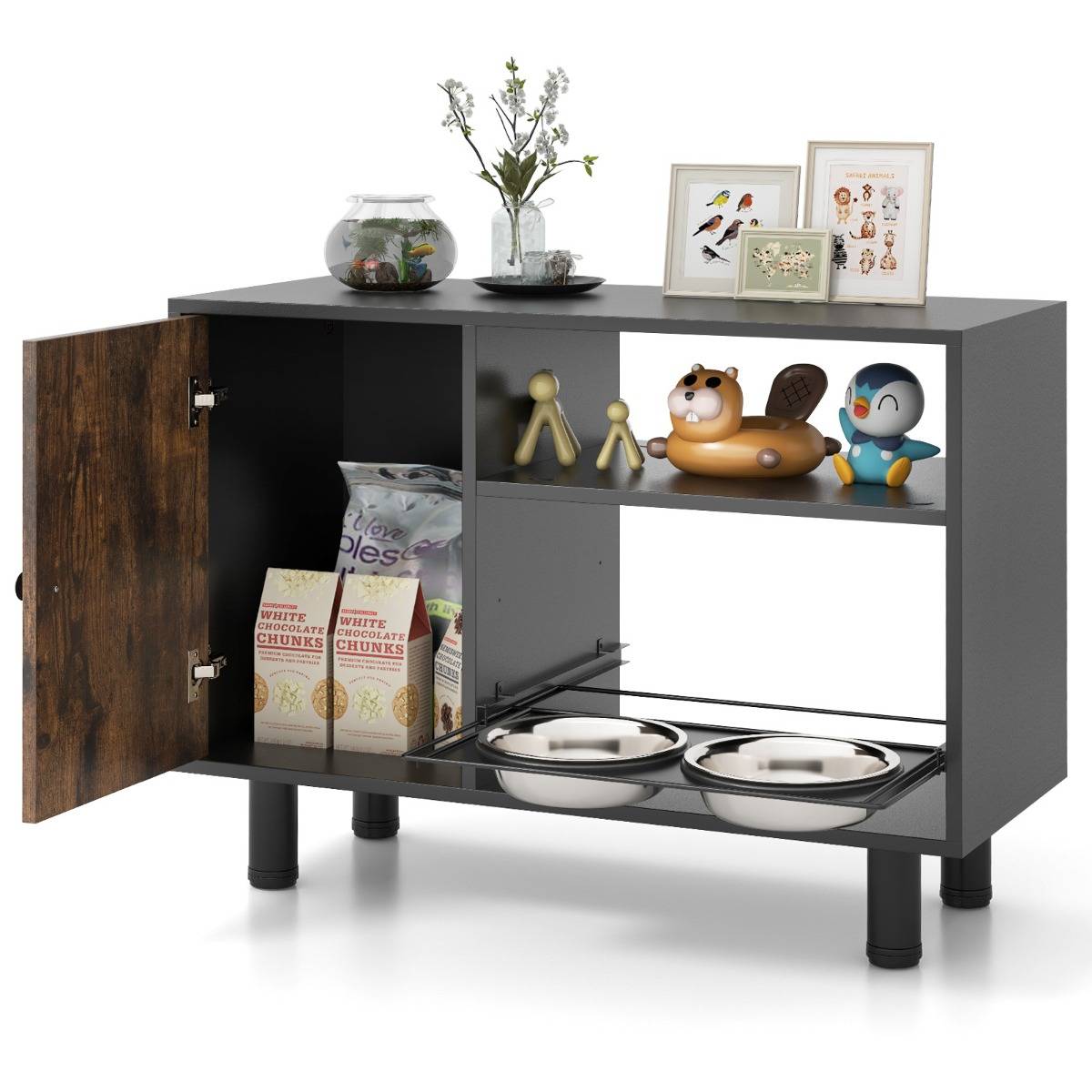Station d'Alimentation Élevée Armoire de Rangement pour Nourriture de Chien Réglable avec 2 Bols Surélevés Marron - Image 2