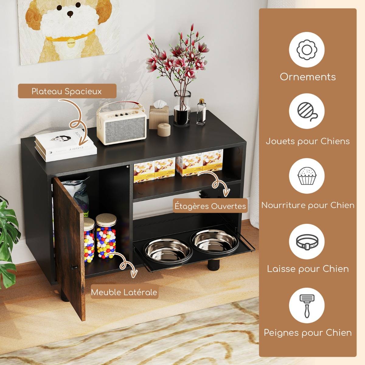 Station d'Alimentation Élevée Armoire de Rangement pour Nourriture de Chien Réglable avec 2 Bols Surélevés Marron - Image 9