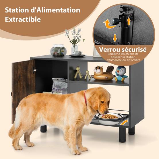 Station d'Alimentation Élevée Armoire de Rangement pour Nourriture de Chien Réglable avec 2 Bols Surélevés Marron - Image 8