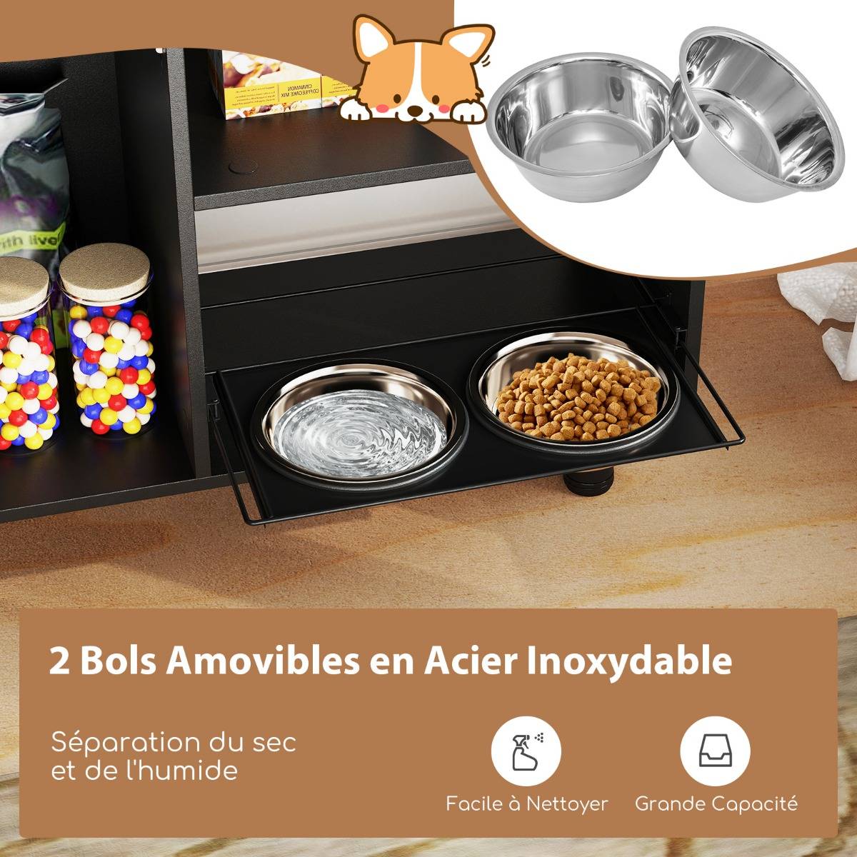 Station d'Alimentation Élevée Armoire de Rangement pour Nourriture de Chien Réglable avec 2 Bols Surélevés Marron - Image 6