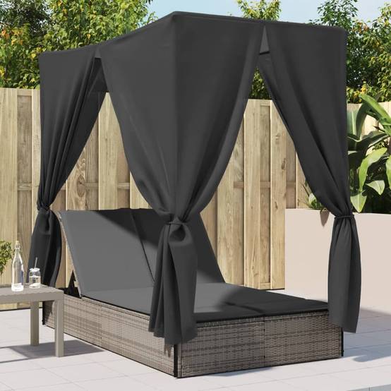 Chaise longue | Transat | Bain de soleil double avec toit et rideaux gris résine tressée - Image 2