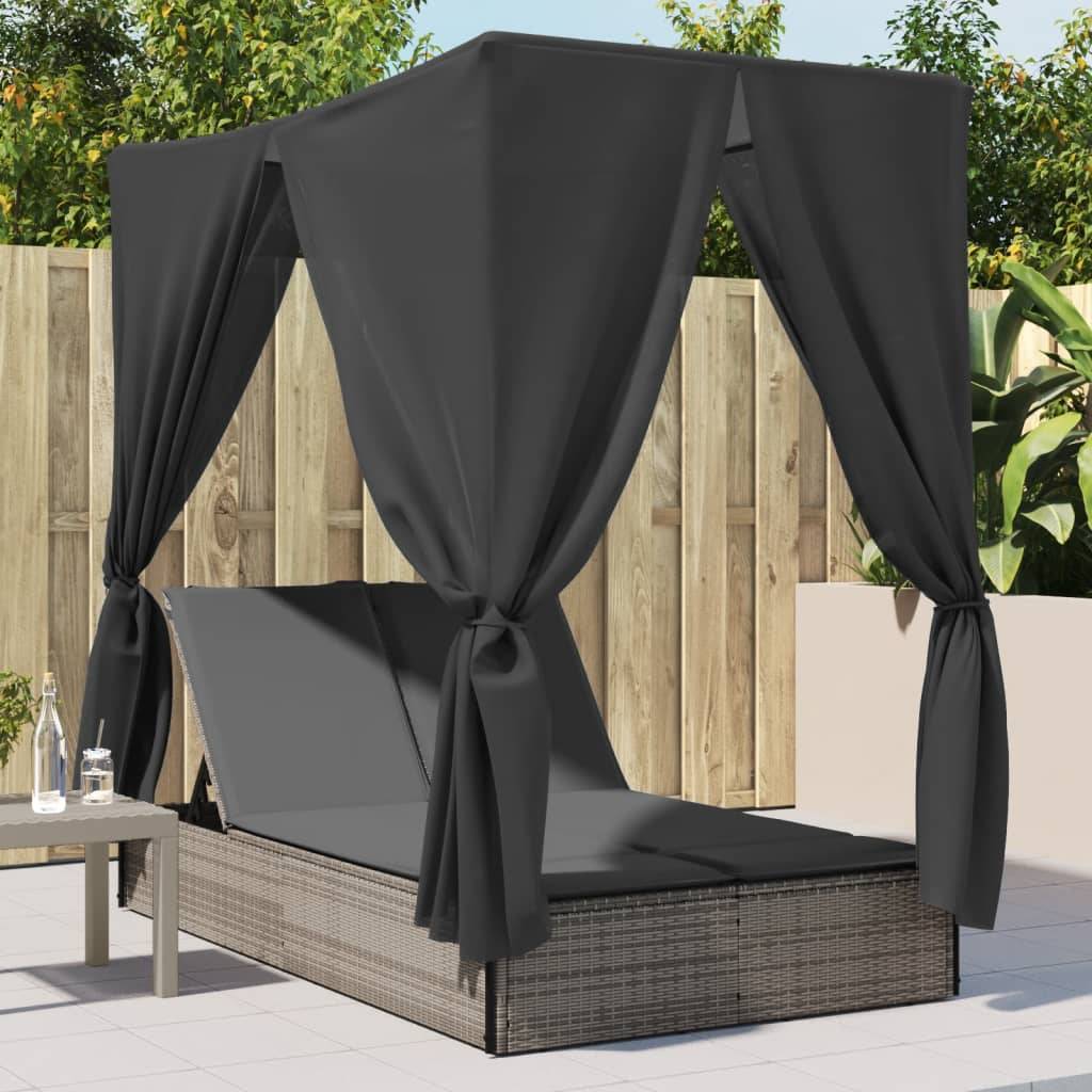 Chaise longue | Transat | Bain de soleil double avec toit et rideaux gris résine tressée - Image 2