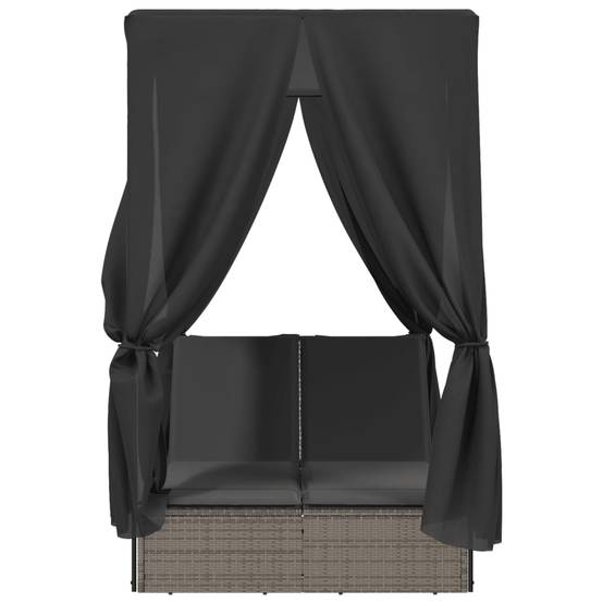 Chaise longue | Transat | Bain de soleil double avec toit et rideaux gris résine tressée - Image 4