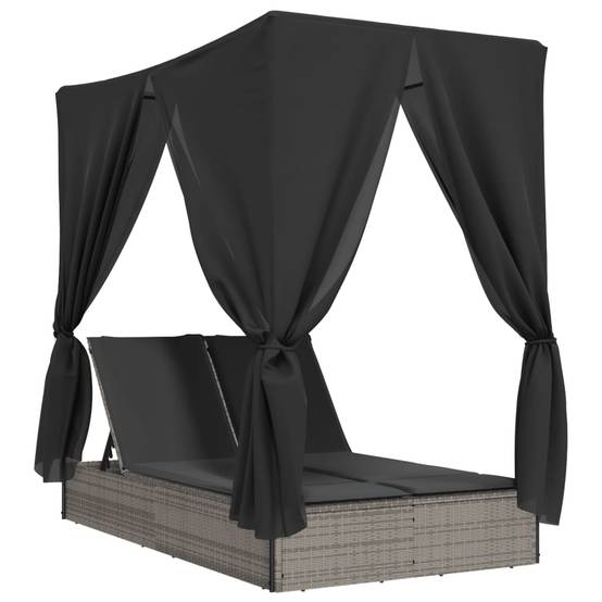 Chaise longue | Transat | Bain de soleil double avec toit et rideaux gris résine tressée - Image 1