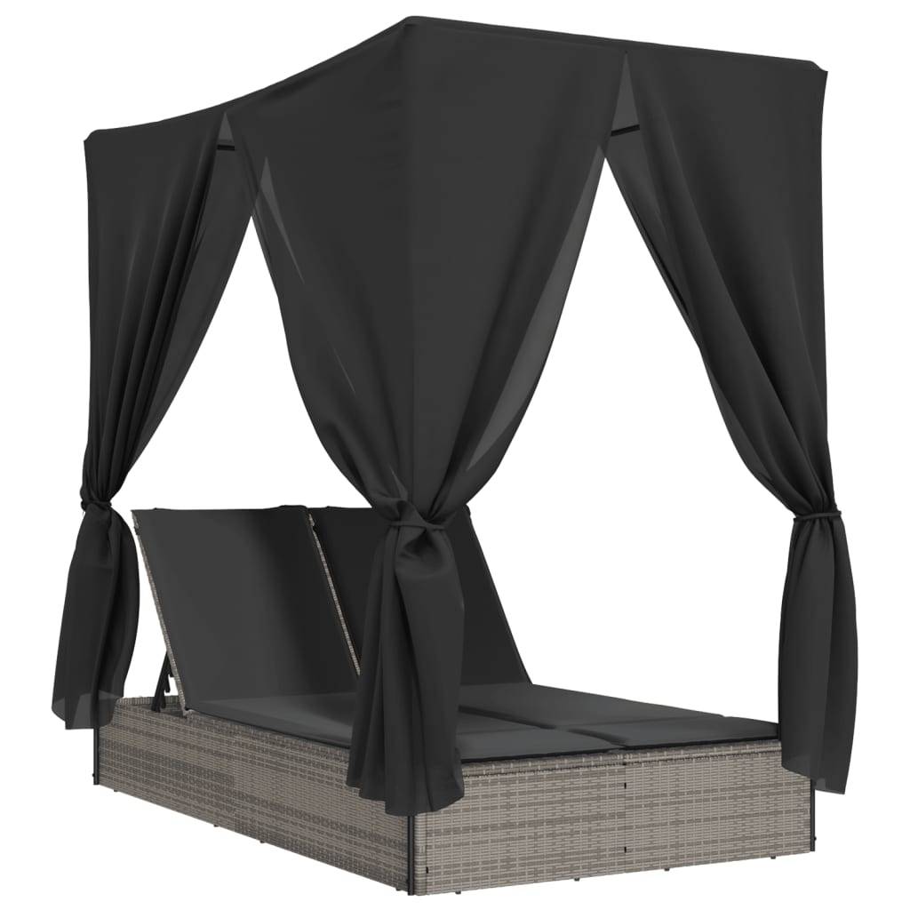 Chaise longue | Transat | Bain de soleil double avec toit et rideaux gris résine tressée - Image 1