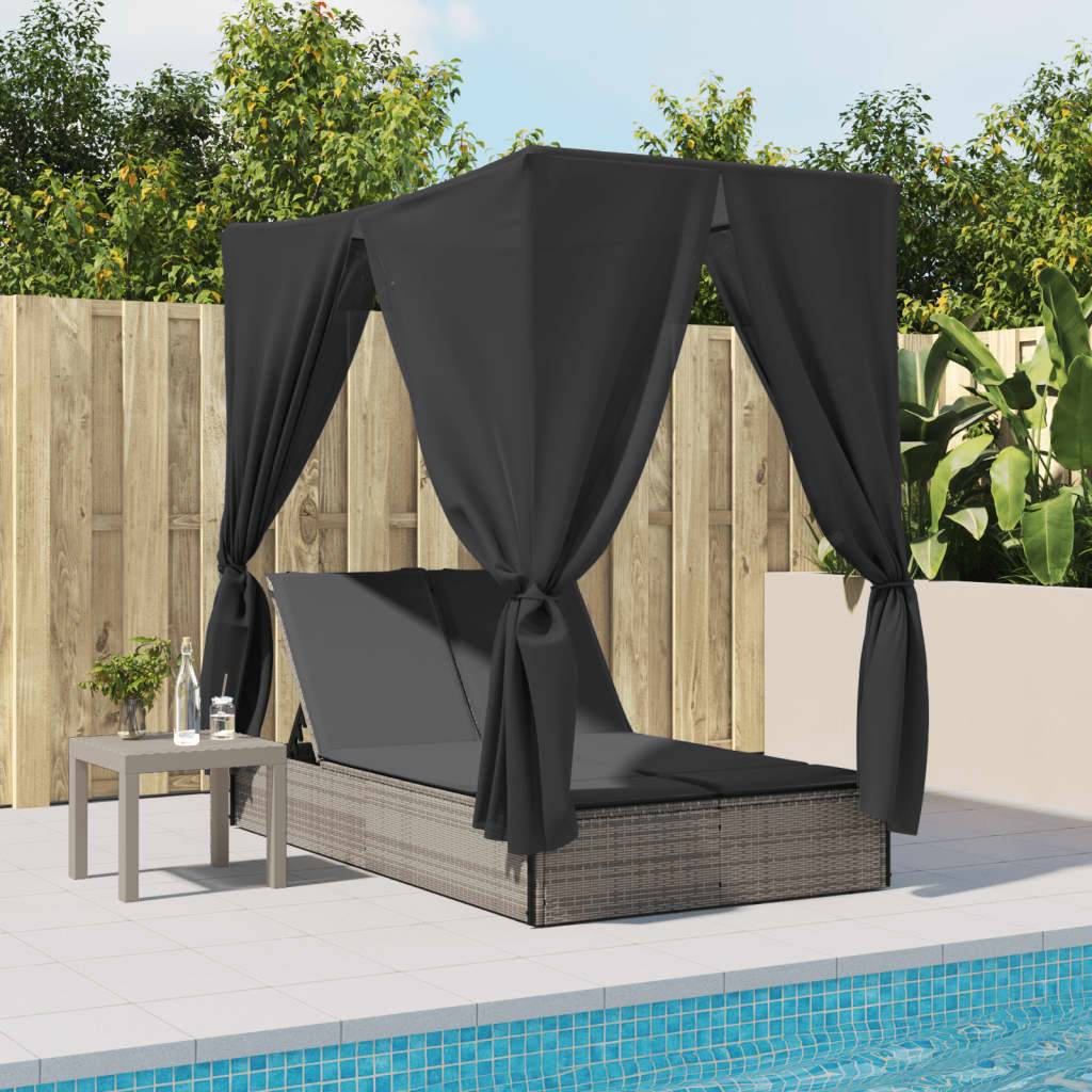 Chaise longue | Transat | Bain de soleil double avec toit et rideaux gris résine tressée - Image 3
