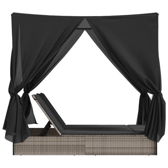Chaise longue | Transat | Bain de soleil double avec toit et rideaux gris résine tressée - Image 5