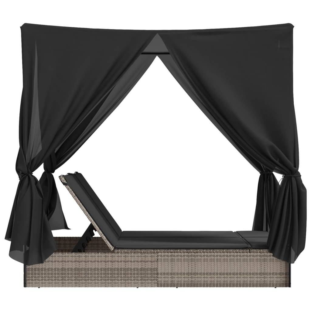 Chaise longue | Transat | Bain de soleil double avec toit et rideaux gris résine tressée - Image 5