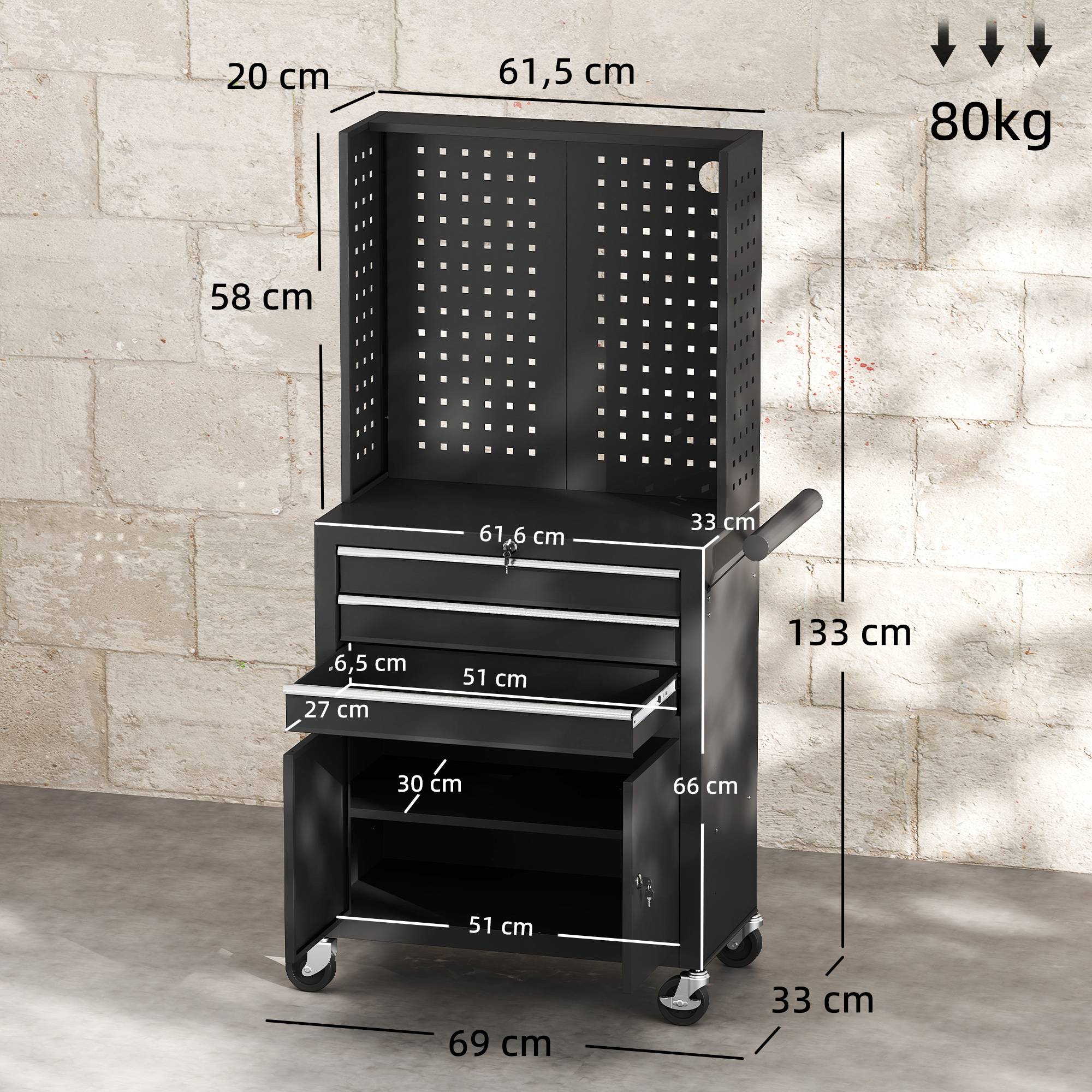 Servante d'atelier acier 3 tiroirs, chariot à outils sur roulettes, étagère réglable, panneau perforé, noir - Image 5
