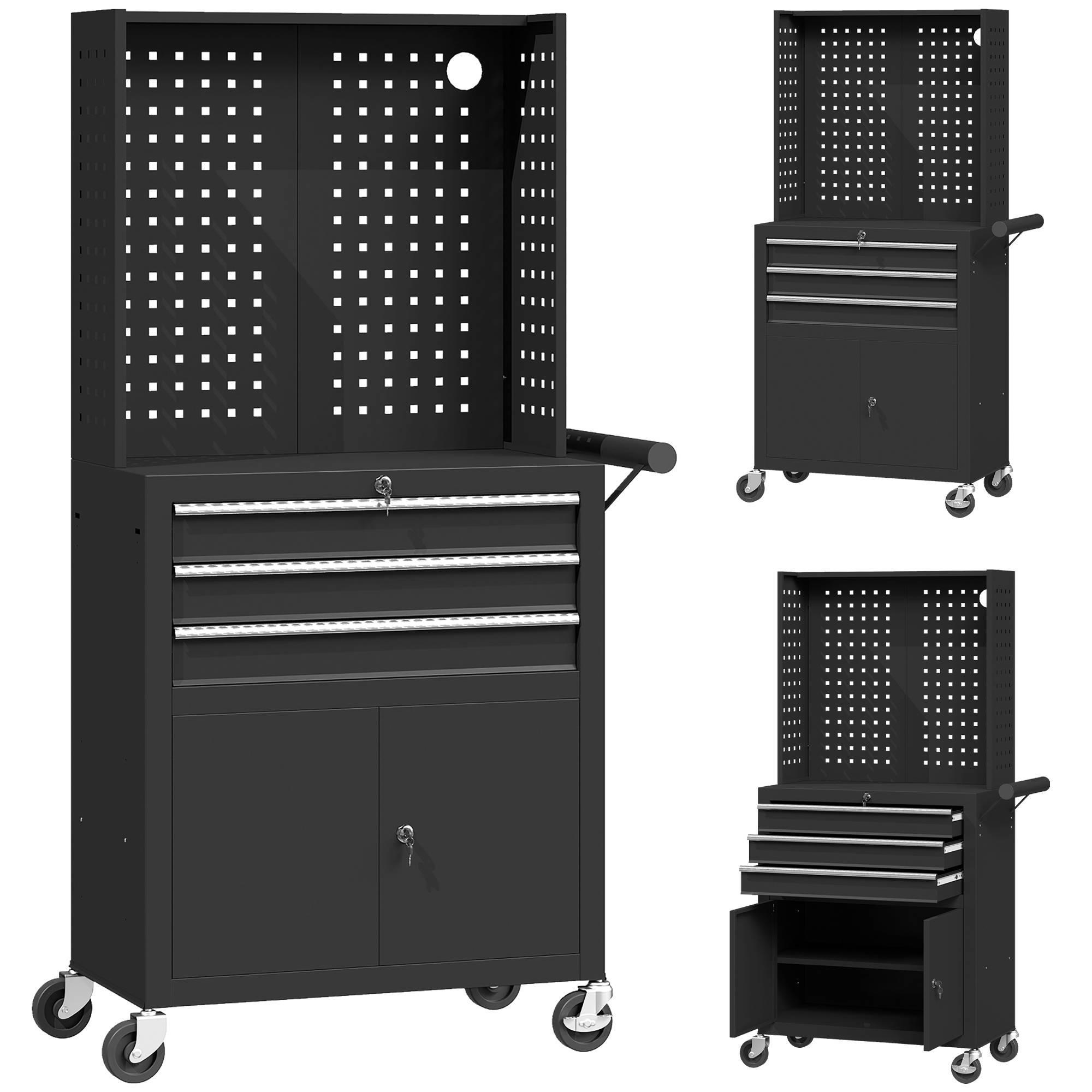Servante d'atelier acier 3 tiroirs, chariot à outils sur roulettes, étagère réglable, panneau perforé, noir - Image 2