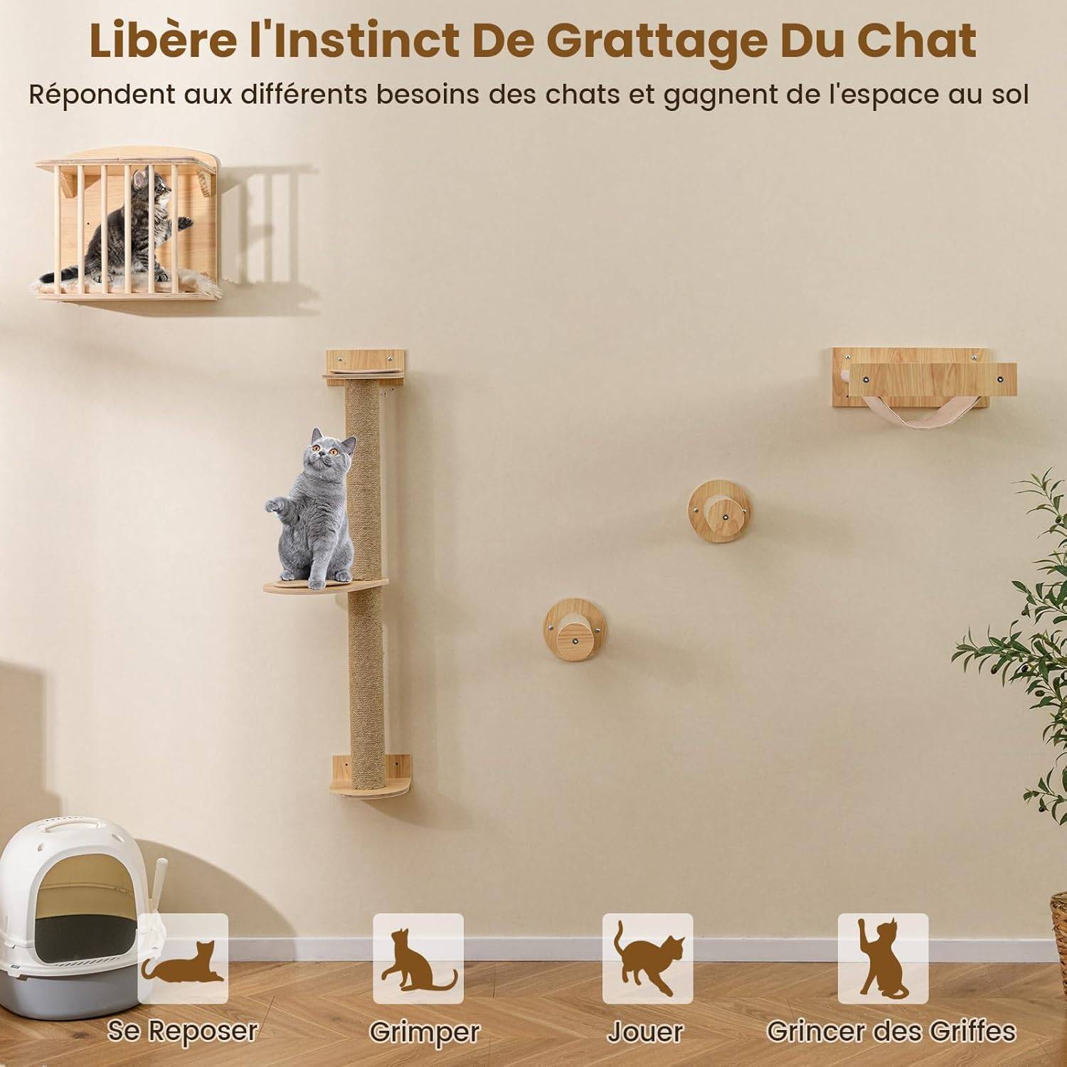 Arbre a Chat Mural, Poteaux à Griffer en Sisal, 2 Plateformes, 2 Échelle, Parcours Mural Chat, Planche en Bois Épaissie, Cadre Métallique - Image 6
