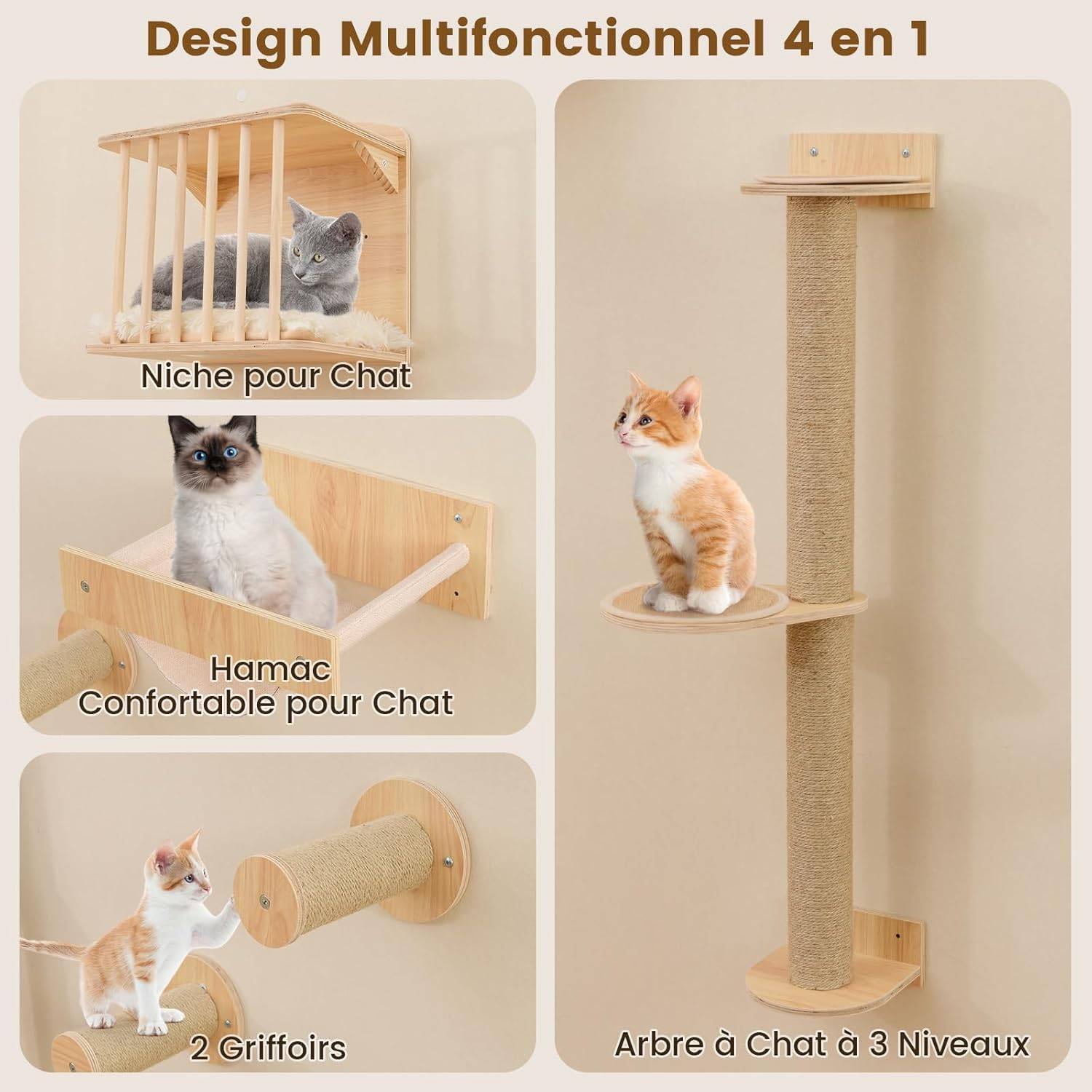 Arbre a Chat Mural, Poteaux à Griffer en Sisal, 2 Plateformes, 2 Échelle, Parcours Mural Chat, Planche en Bois Épaissie, Cadre Métallique - Image 5
