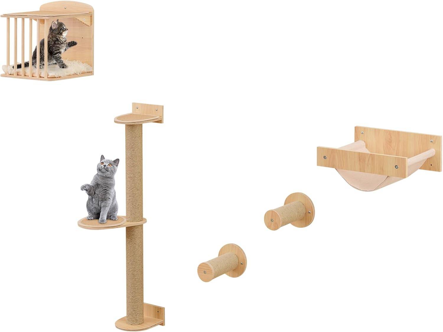 Arbre a Chat Mural, Poteaux à Griffer en Sisal, 2 Plateformes, 2 Échelle, Parcours Mural Chat, Planche en Bois Épaissie, Cadre Métallique - Image 1