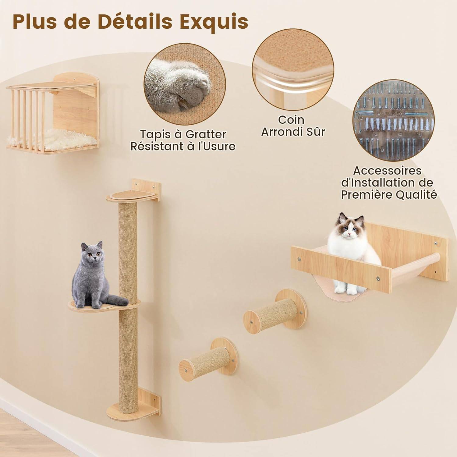 Arbre a Chat Mural, Poteaux à Griffer en Sisal, 2 Plateformes, 2 Échelle, Parcours Mural Chat, Planche en Bois Épaissie, Cadre Métallique - Image 7