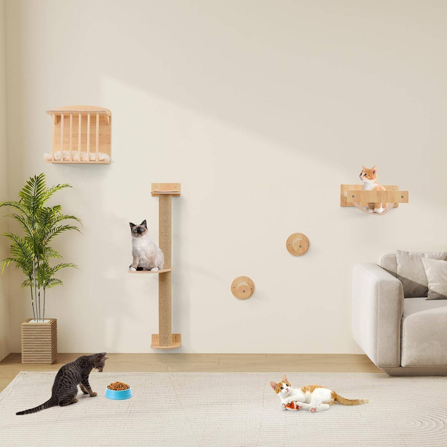 Arbre a Chat Mural, Poteaux à Griffer en Sisal, 2 Plateformes, 2 Échelle, Parcours Mural Chat, Planche en Bois Épaissie, Cadre Métallique - Image 3
