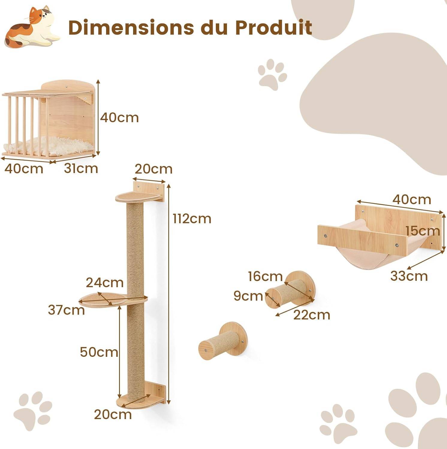 Arbre a Chat Mural, Poteaux à Griffer en Sisal, 2 Plateformes, 2 Échelle, Parcours Mural Chat, Planche en Bois Épaissie, Cadre Métallique - Image 4