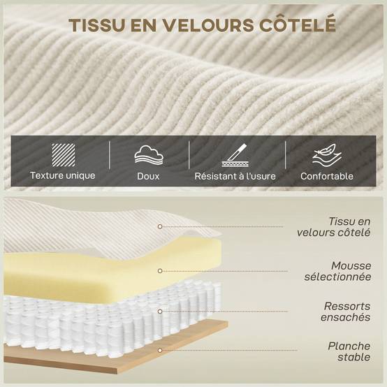 Canapé 3 places en velours côtelé 218 cm, canapé salon, coussins à ressorts, larges accoudoirs, 2 coussins, beige - Image 6