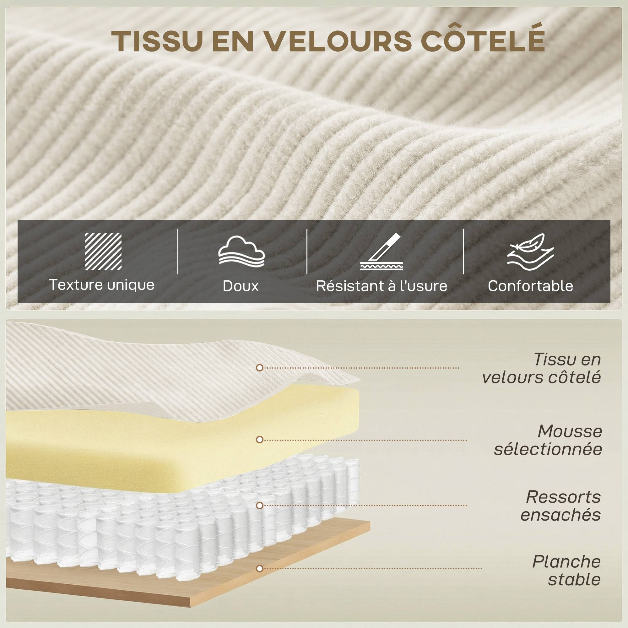 Canapé 3 places en velours côtelé 218 cm, canapé salon, coussins à ressorts, larges accoudoirs, 2 coussins, beige - Image 6