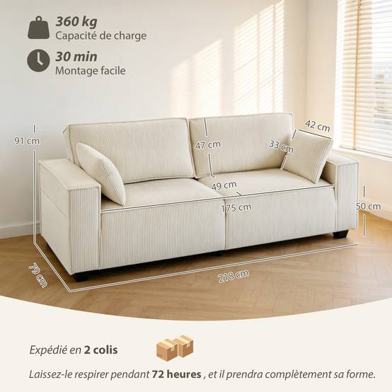Canapé 3 places en velours côtelé 218 cm, canapé salon, coussins à ressorts, larges accoudoirs, 2 coussins, beige - Image 5