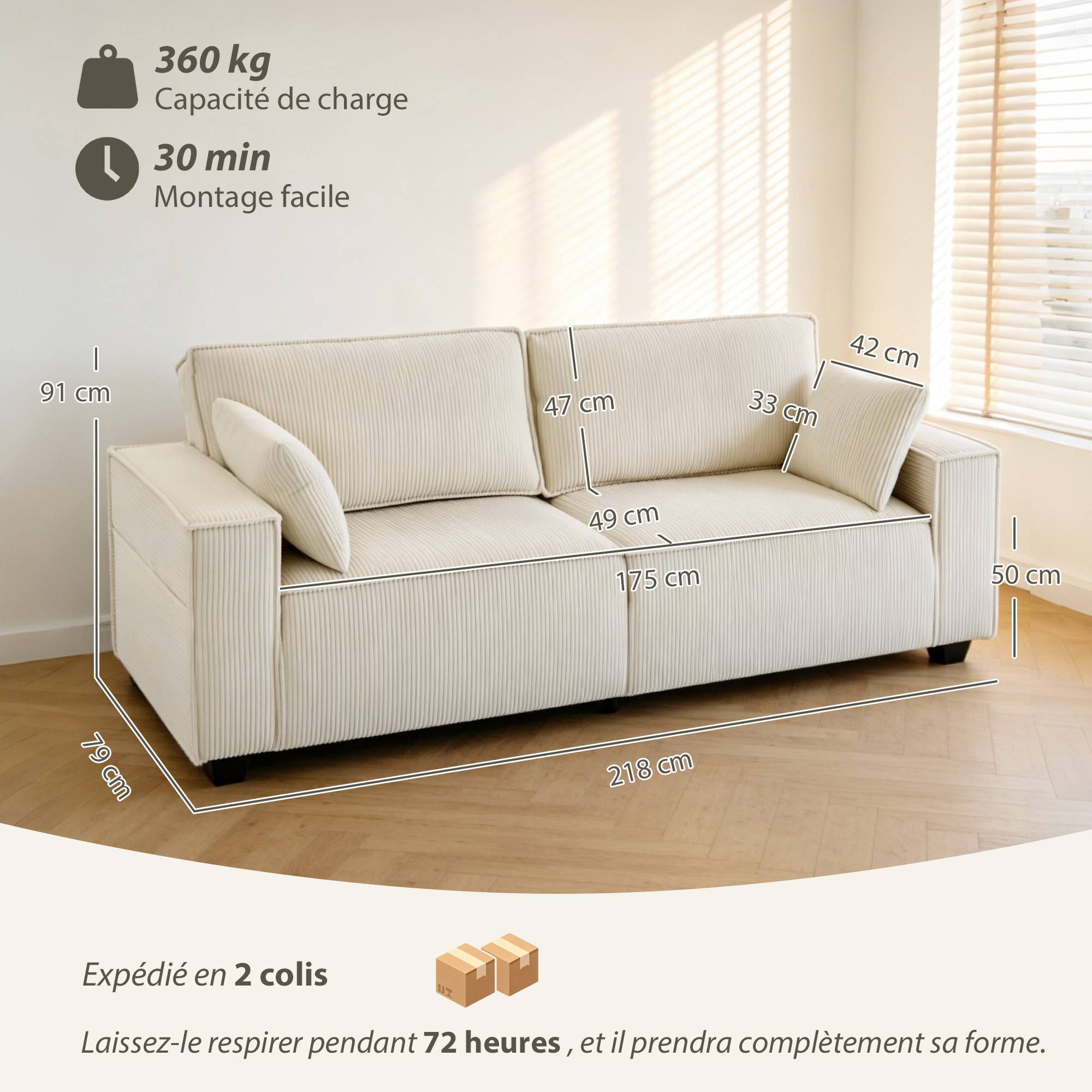Canapé 3 places en velours côtelé 218 cm, canapé salon, coussins à ressorts, larges accoudoirs, 2 coussins, beige - Image 5