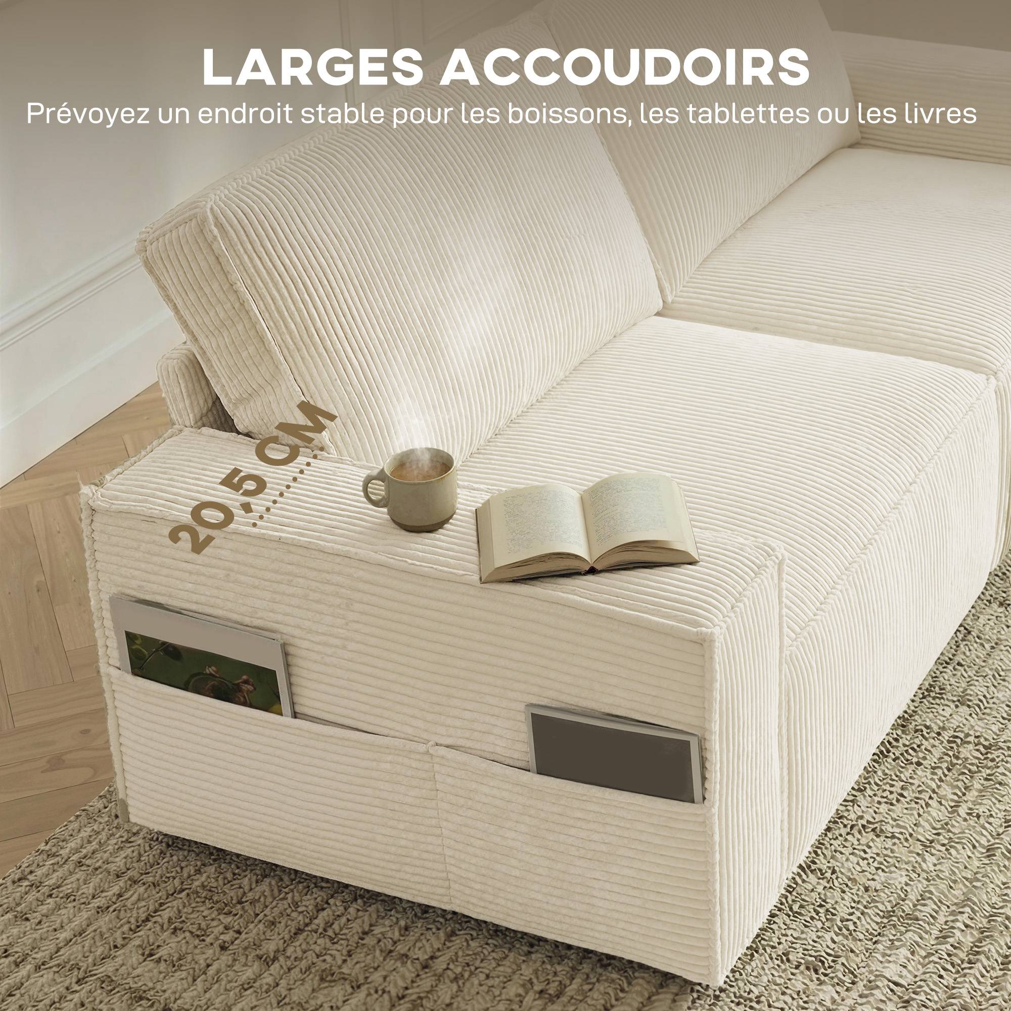 Canapé 3 places en velours côtelé 218 cm, canapé salon, coussins à ressorts, larges accoudoirs, 2 coussins, beige - Image 7