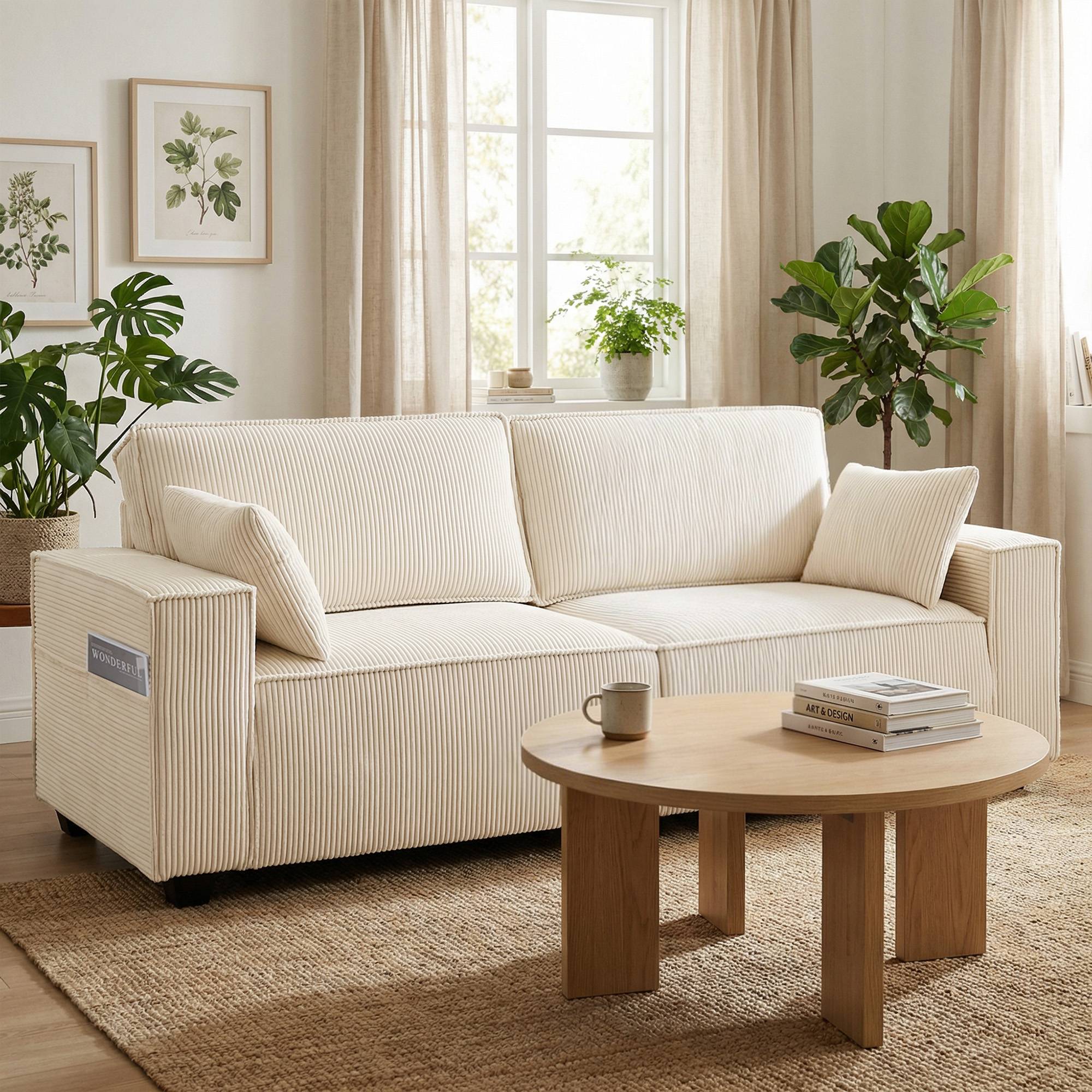 Canapé 3 places en velours côtelé 218 cm, canapé salon, coussins à ressorts, larges accoudoirs, 2 coussins, beige - Image 3