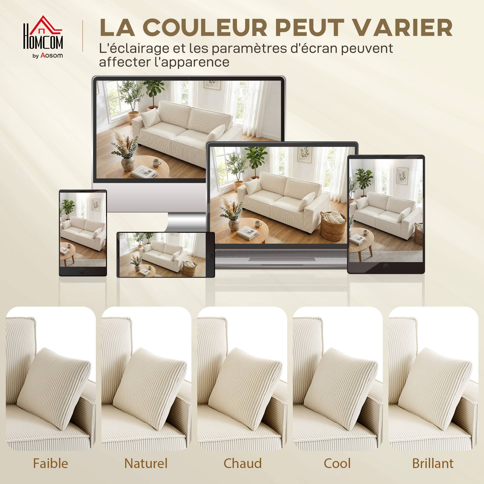 Canapé 3 places en velours côtelé 218 cm, canapé salon, coussins à ressorts, larges accoudoirs, 2 coussins, beige - Image 8