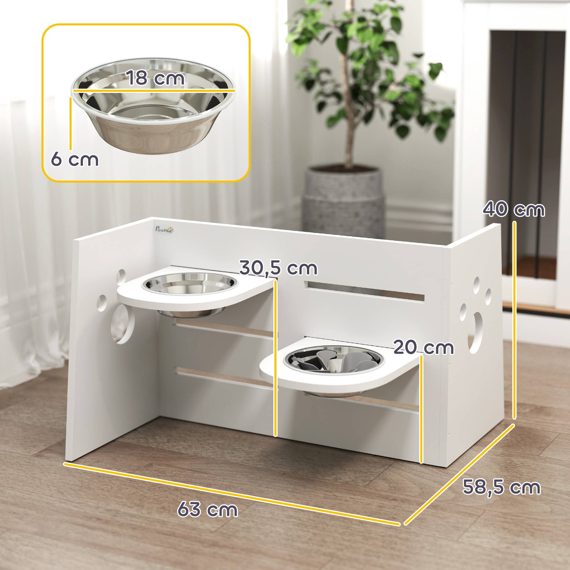 Gamelle double surélevée pour chiens, hauteur réglable et système d'alimentation lente, 63 x 58,5 x 40 cm, blanche - Image 5